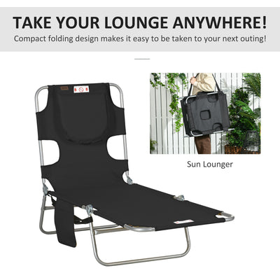 Outsunny Foldable Sun Lounger, Beach Chaise Lounge with Reading Hole, Arm Slots, 5-Position Adjustable Backrest, Side Pocket, Pillow for Patio, Garden, Beach, Pool, Black 