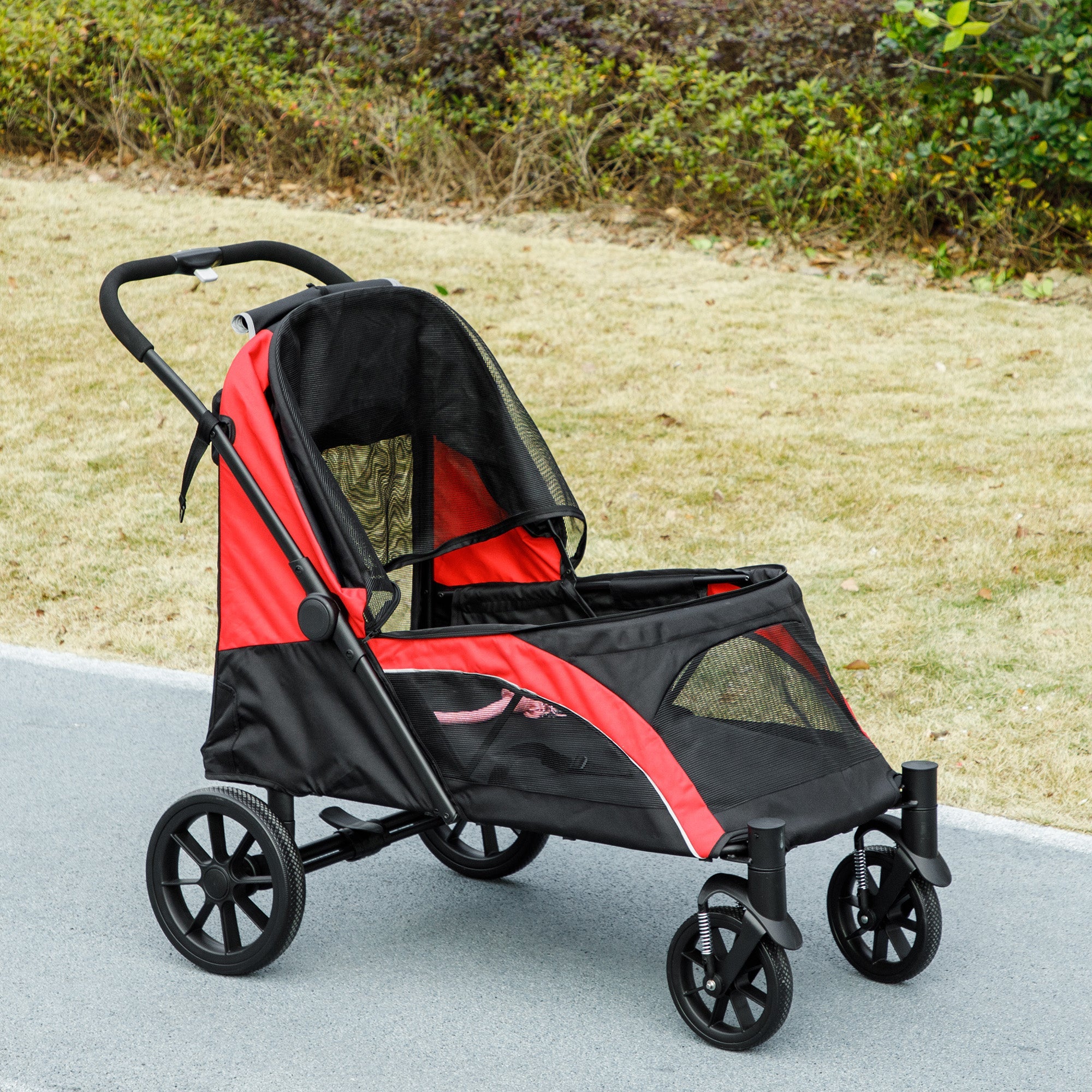 PawHut Easy Folding Pet Stroller for Large Dogs with 4 Big Wheels, Shock Absorb Frame, Safety Leashes, Brakes, Black 