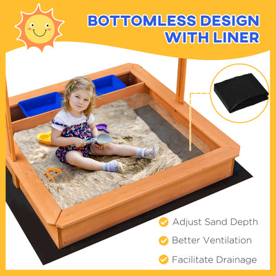 Outsunny Sand Pit Kids Wooden Sandbox with Cover Children Sandpit Play Station Height Adjustable with Canopy, Bottom Liner, Plastic Basins for Outdoor Aged 3-7 Years 