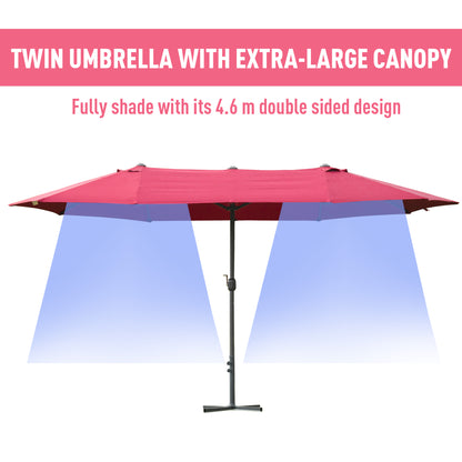 Outsunny 4.6M Sun Umbrella Canopy Double-sided Crank Sun Shade w/ Cross Base Wine Red 