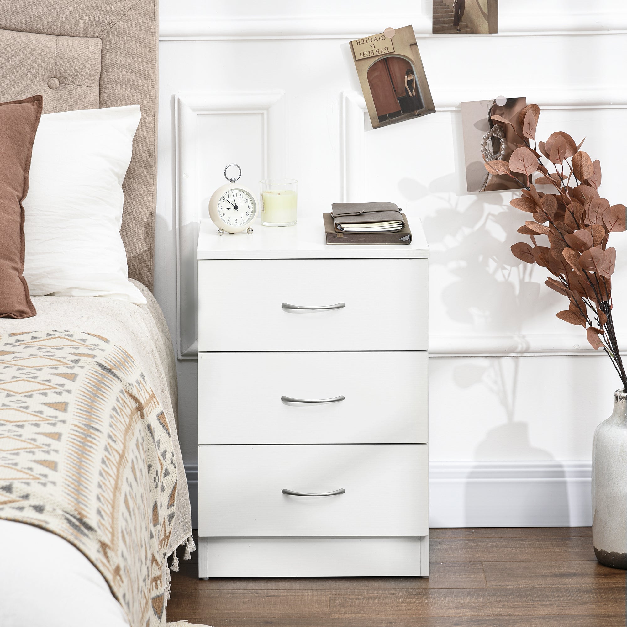 HOMCOM Three-Drawer Simple Bedside Table - White 