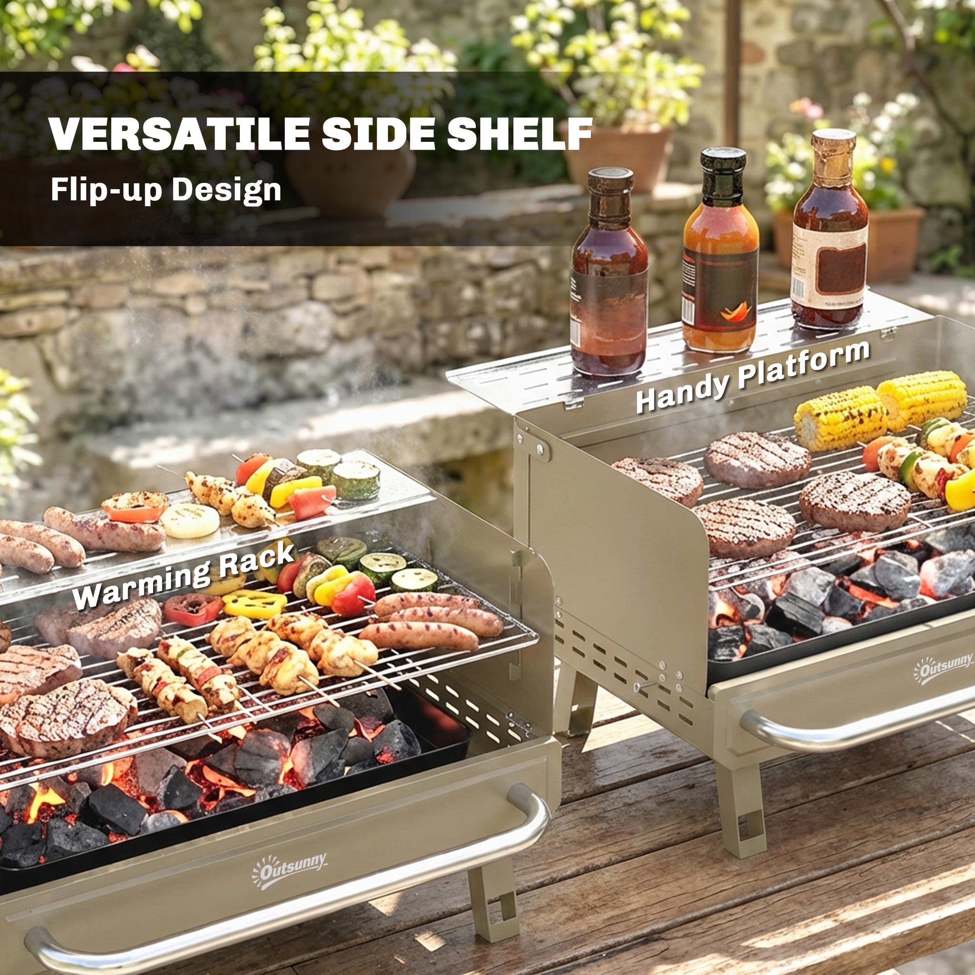 Outsunny Portable BBQ Grill, Charcoal Barbecue Grill with Adjustable Grates, Foldable Legs, Side Shelf for Camping Travel, Khaki 