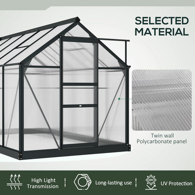Outsunny 6 x 10ft Polycarbonate Greenhouse, Large Walk-In Green House with Slide Door and Window, Garden Plants Grow House with Aluminium Frame and Foundation, Grey 