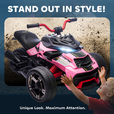 AIYAPLAY 12V Kids Electric Ride On Car with 3 Wheeler, MP3 Player, Horn, 2 Speeds, LED Lights for Boys & Girls Ages 3-8, Pink 