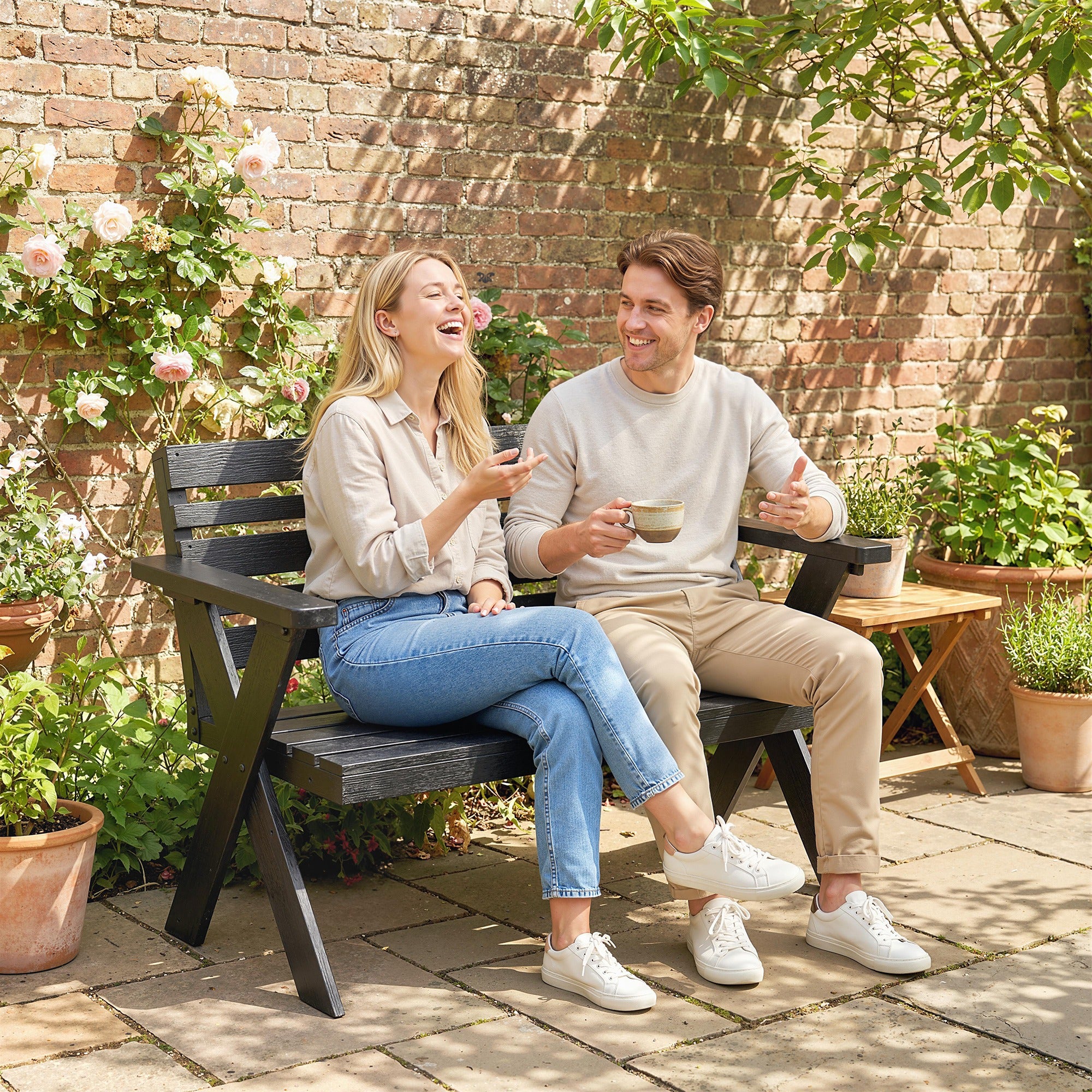 Outsunny 2 Seater Wooden Garden Bench, Slatted Patio Bench with Armrest and Backrest, Black 