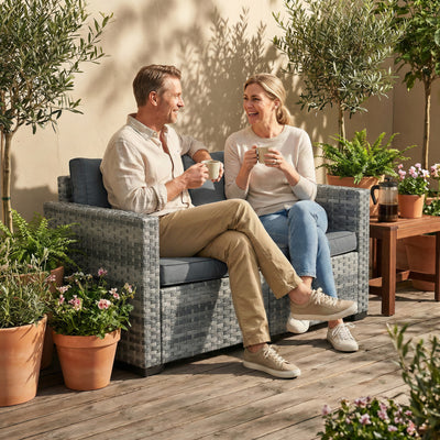 Outsunny 2 Seater Rattan Sofa, Outdoor Garden Sofa with Deep Seat, Cushions, Wide Armrests for Patio, Balcony, Porch, Mixed Grey 