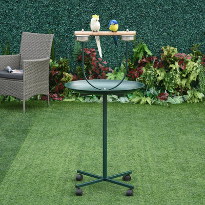 PawHut Bird Perch Stand with Perch, Four Wheels, Feeding Bowls for Small & Medium Birds, Green 