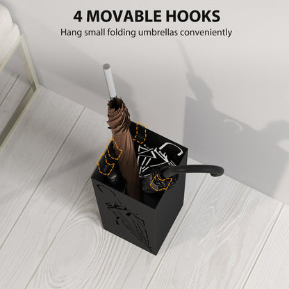 HOMCOM Metal Umbrella Stand, Square Umbrella Holder with 4 Hooks and Removable Drip Tray, Decorative Umbrella Storage Rack for Entryway, Hallway, 15.5 x 15.5 x 41 cm, Black 