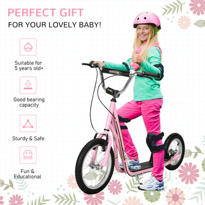 HOMCOM Kids Scooter, Teen Kick Scooter with Rubber Wheels, 16" Front Wheel, Height Adjustable Handlebar, Dual Brakes, Kick Stand, for 5+ Years, Pink 