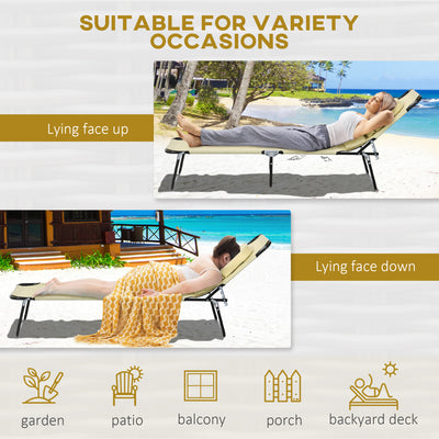 Outsunny Outdoor Foldable Sun Lounger Set of 2, 4 Level Adjustable Backrest Reclining Sun Lounger Chair with Pillow and Reading Hole, Beige 