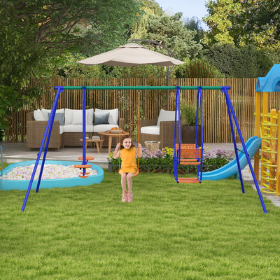 Outsunny Three-In-One Kids Metal Swing Set with Swing, Glider, Rocking Chair Swing, for Ages 3+ years - Orange and Blue 