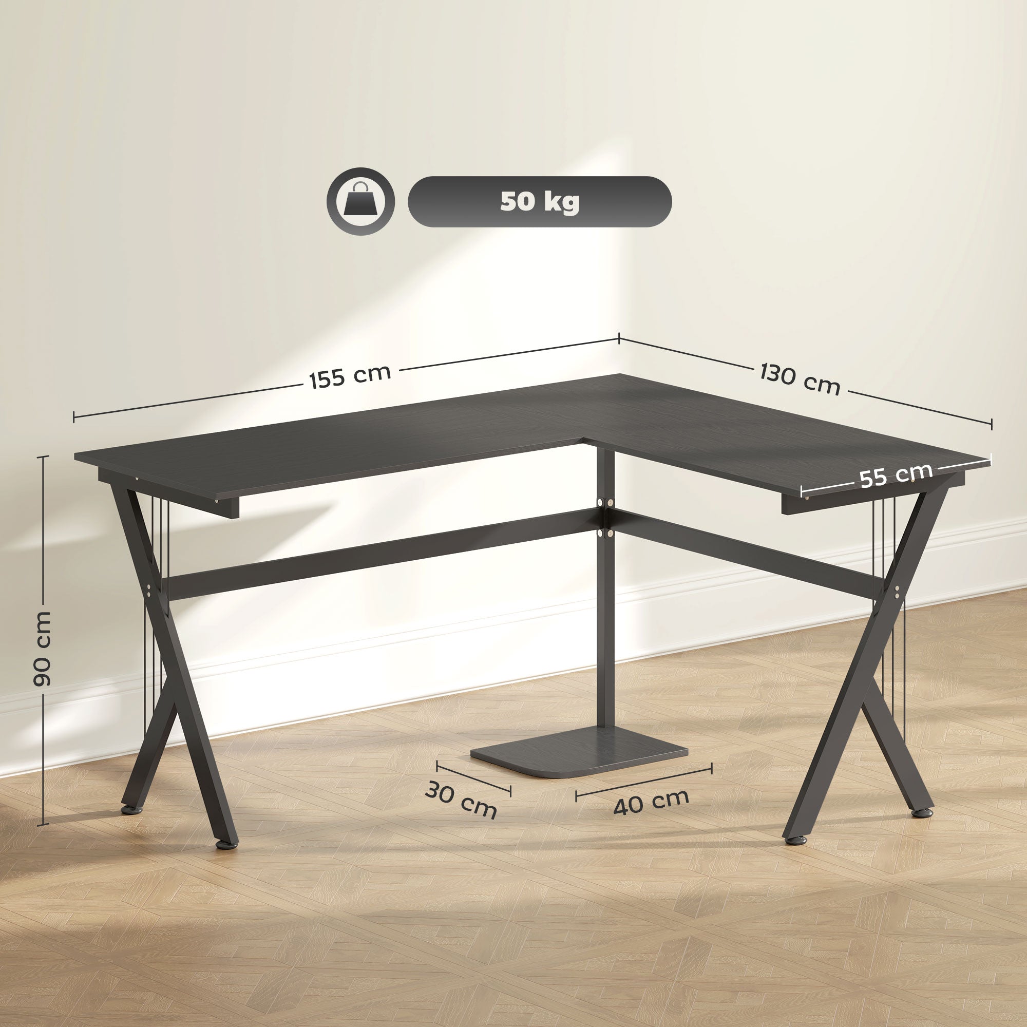 HOMCOM L Shaped Gaming Desk, 155 x 130cm Corner Computer Desk with CPU Stand for Home Office, Study Workstation, Black 