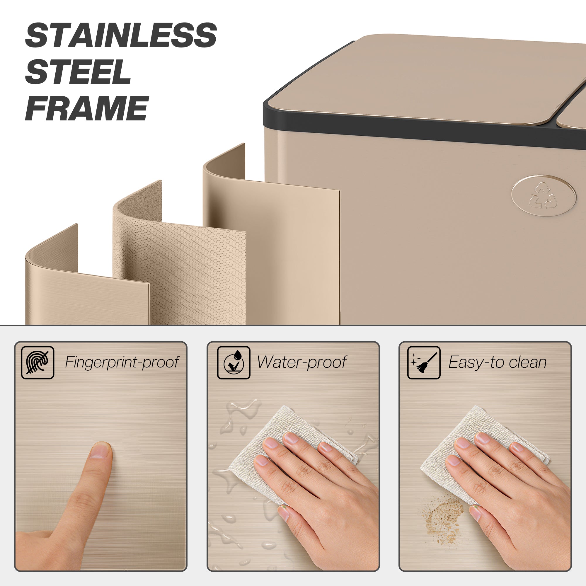 HOMCOM 56L Dual Compartment Stainless Steel Bin, with Deodoriser Holders - Gold Tone 