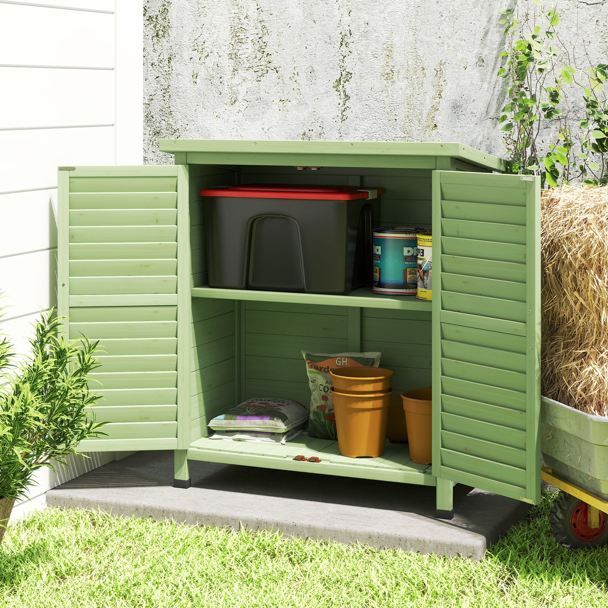 Outsunny Garden Shed Wooden Garden Storage Shed 2 Door Unit Solid Fir Wood Garage Tool Organisation Cabinet, 87L x 46.5W x 96.5Hcm, Green 