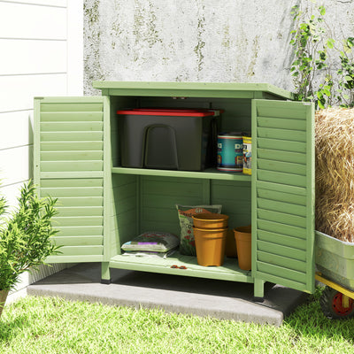 Outsunny Garden Shed Wooden Garden Storage Shed 2 Door Unit Solid Fir Wood Garage Tool Organisation Cabinet, 87L x 46.5W x 96.5Hcm, Green 
