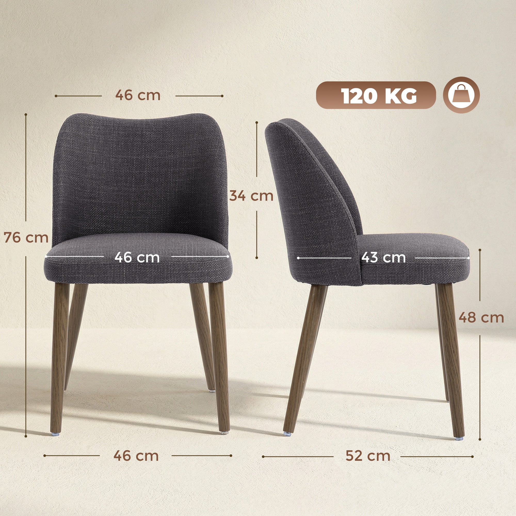 HOMCOM Dining Chairs Set of 2, Linen Upholstered Kitchen Chairs with Padded Seat, Curved Backrest, Rubberwood Legs, Dark Grey 