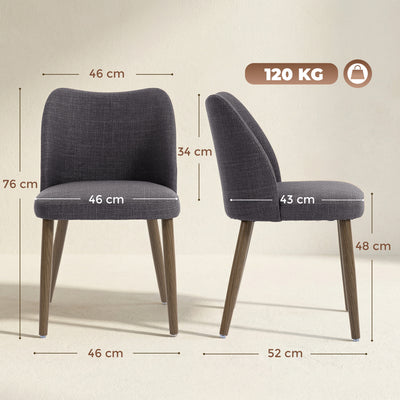 HOMCOM Dining Chairs Set of 2, Linen Upholstered Kitchen Chairs with Padded Seat, Curved Backrest, Rubberwood Legs, Dark Grey 