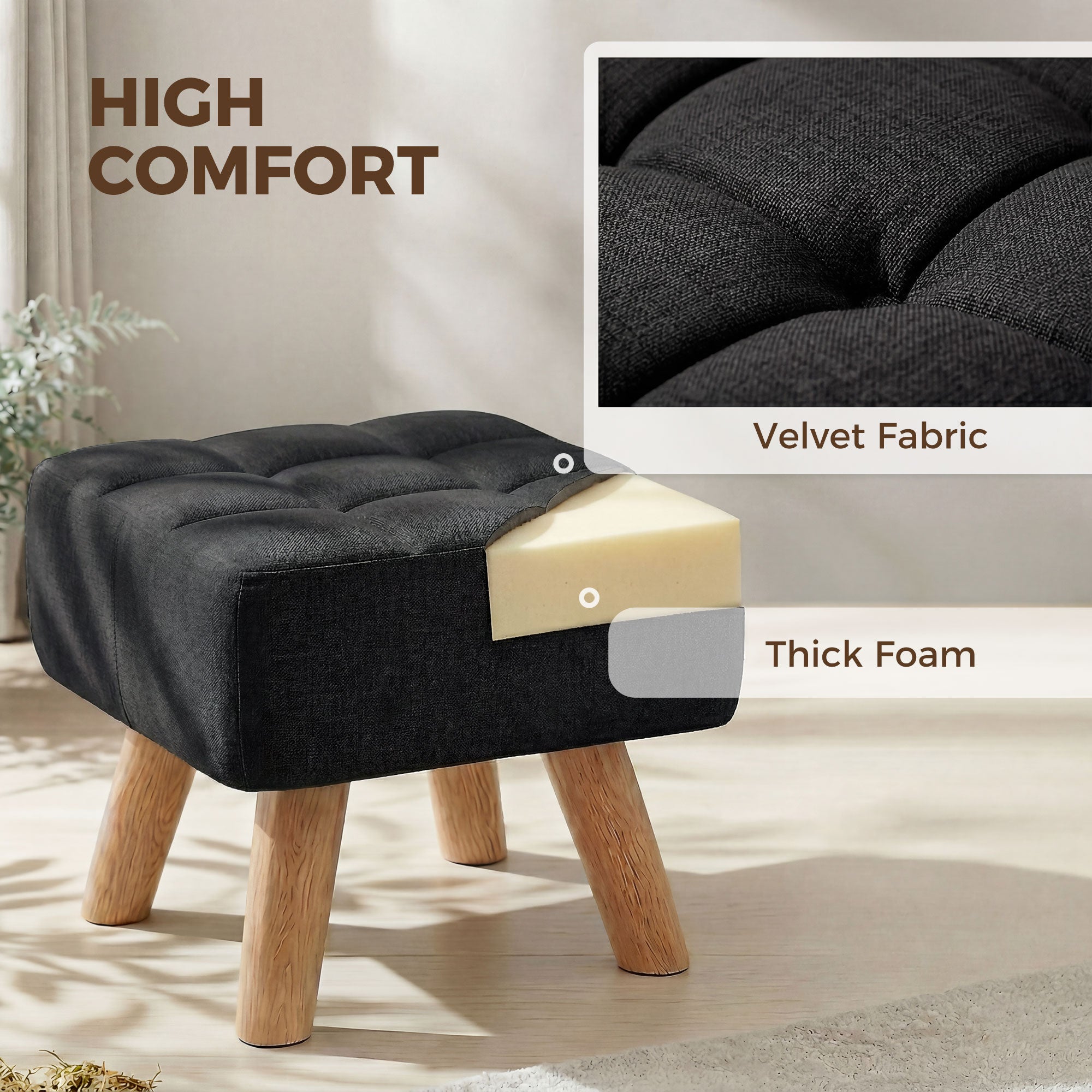 HOMCOM Linen-Look Square Padded Footstool - Black 