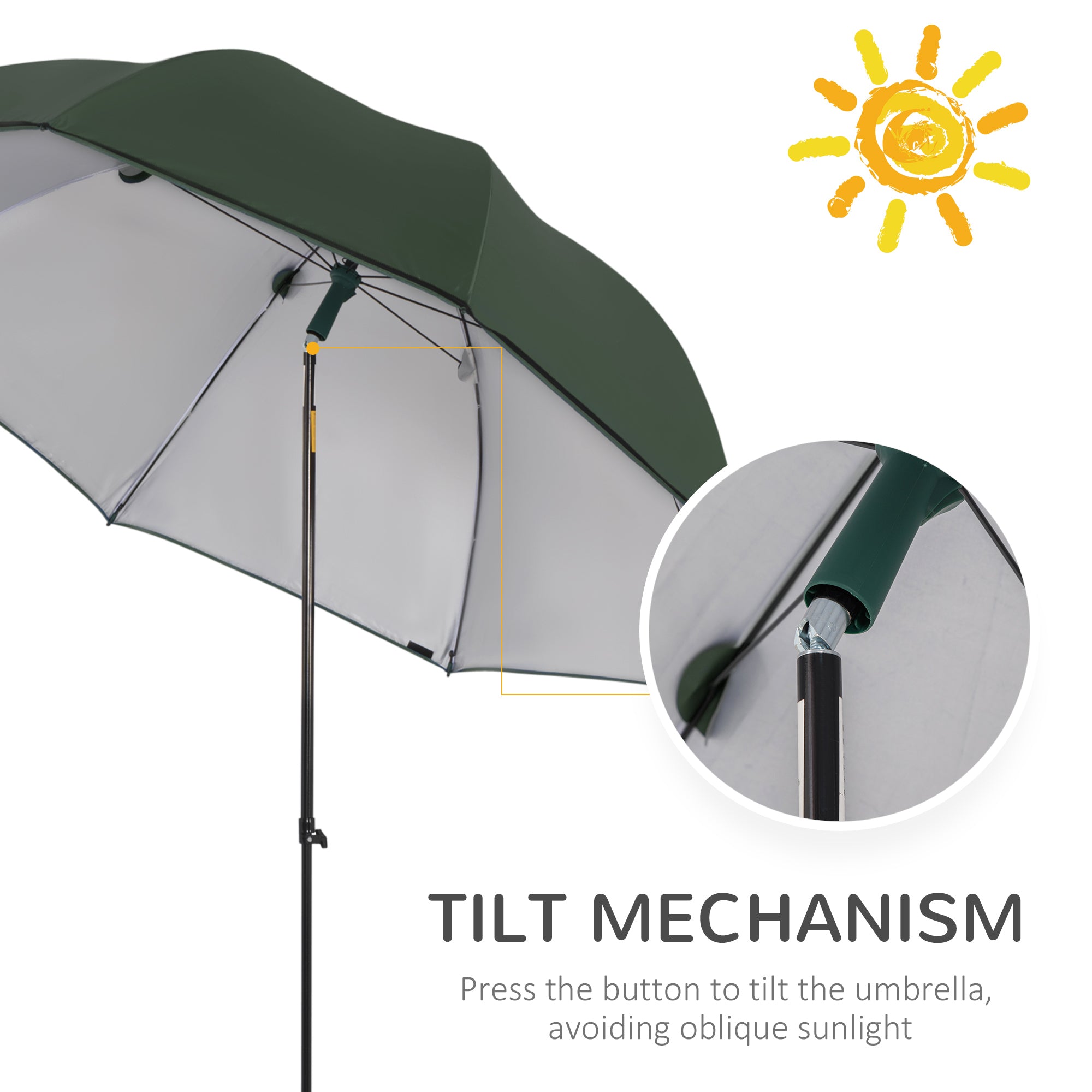 Outsunny 2m Beach Parasol Fishing Umbrella Brolly with Sides and Push Botton Tilt Sun Shade Shelter with Carry Bag, UV30+, Green 
