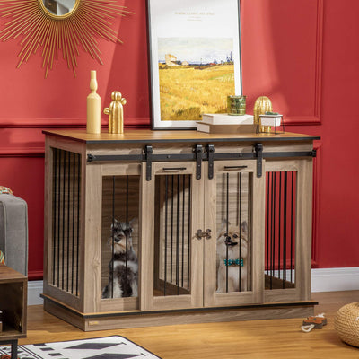 PawHut Dog Crate Furniture for Large Dogs, Double Dog Cage for Small Dogs, with Sliding Doors - Oak Tone 