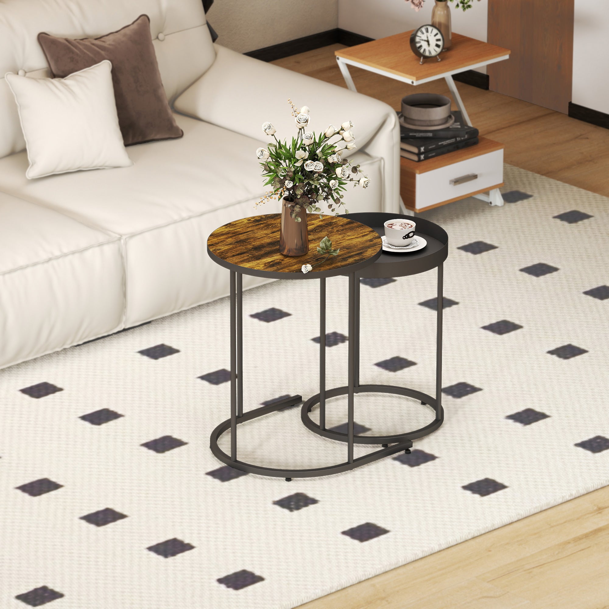 HOMCOM Set of Two Industrial Nesting Tables - Brown/Black 