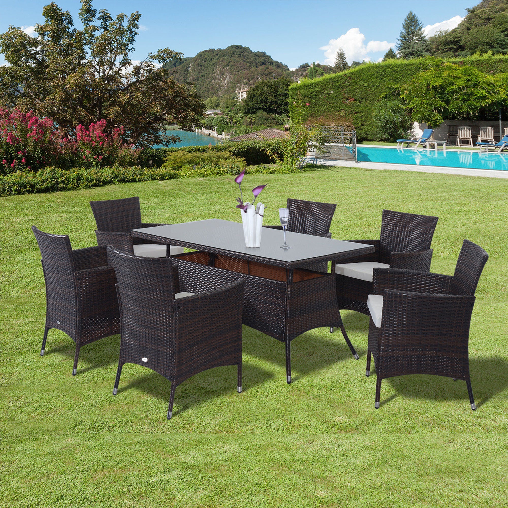 Outsunny 6 Seater Rattan Dining Set with Cushions, Rattan Garden Furniture Set with 6 Armchairs, Rectangular Glass Top Table, Outdoor Dining Table and Chairs, Brown 