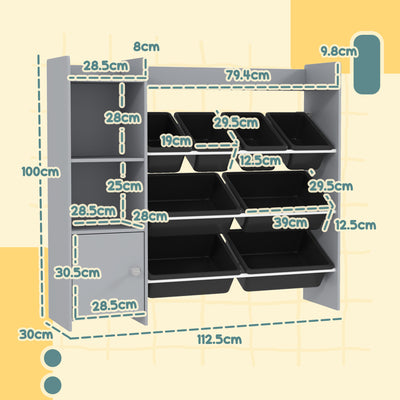 AIYAPLAY Toy Storage Unit with 8 Removable Bins, Storage Shelves, Cabinet, Grey 