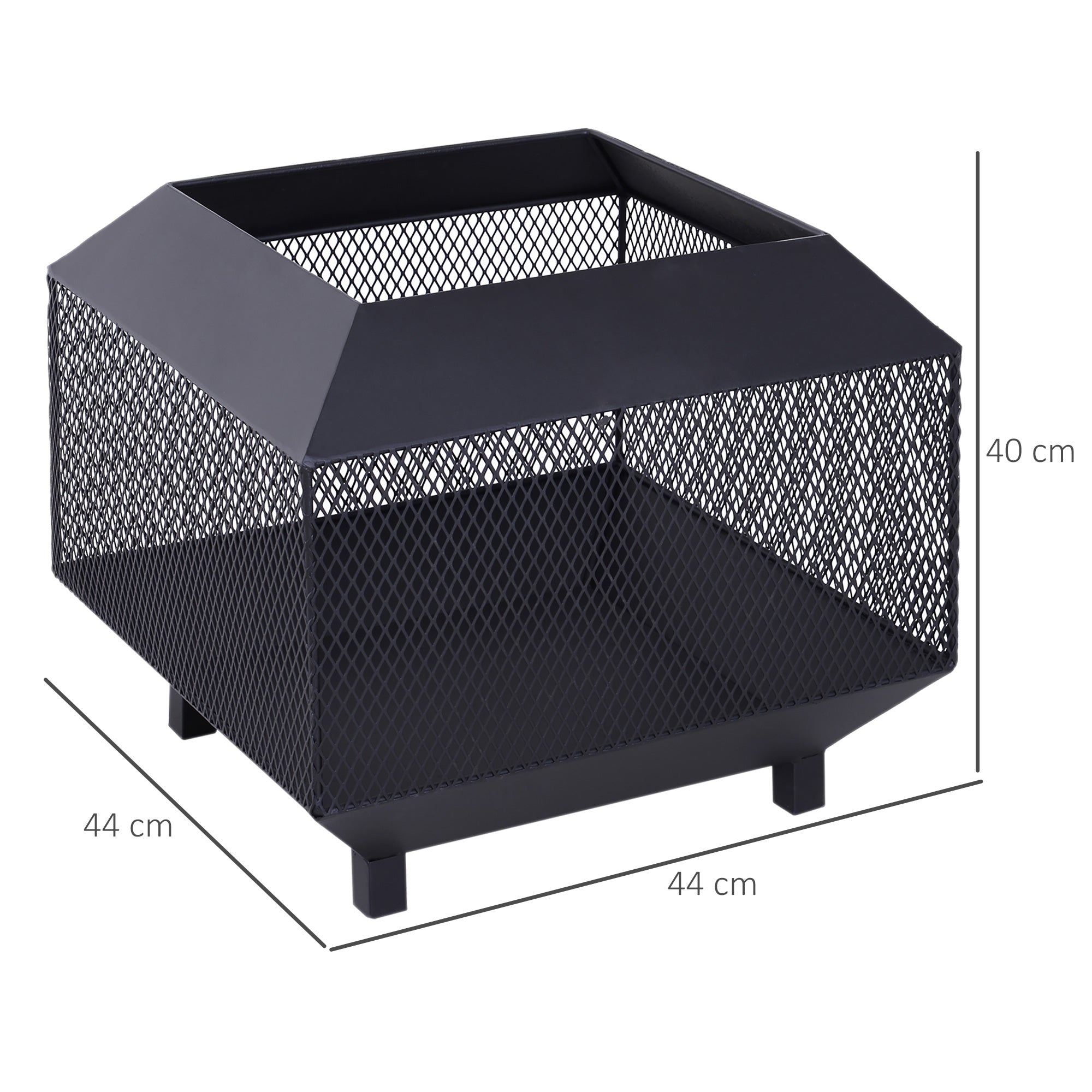 Outsunny Metal Square Fire Pit Outdoor Mesh Firepit Brazier w/ Lid, Log Grate, Poker for Backyard, Camping, Bonfire, Wood Burning Stove, 44 x 44 x 40cm, Black 