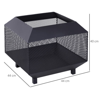 Outsunny Metal Square Fire Pit Outdoor Mesh Firepit Brazier w/ Lid, Log Grate, Poker for Backyard, Camping, Bonfire, Wood Burning Stove, 44 x 44 x 40cm, Black 