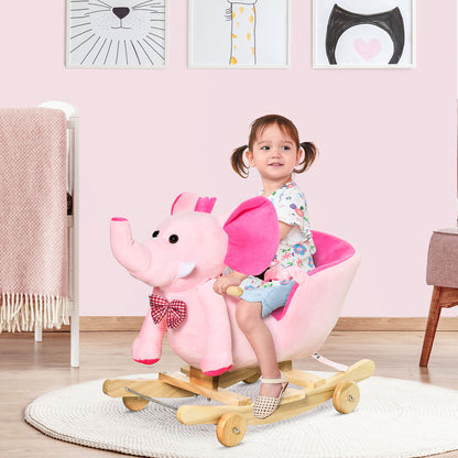 HOMCOM 2 In 1 Plush Baby Ride on Rocking Horse Elephant Rocker with Wheels Wooden Toy for Kids 32 Songs for 18+ Months (Pink) 