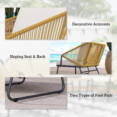 Outsunny 4 Piece Rattan Garden Furniture Set, Wicker Patio Outdoor Furniture Set with Loveseat, Armchairs, Glass Top Coffee Table and Cushions for Patio, Conservatory, Balcony, Natural Wood Finish 