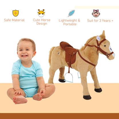 HOMCOM Kids Ride On Standing Horse Cuddly Toy Children Plush Soft Pony Gift w/ Neigh Sound or 3 Years and Up Beige 