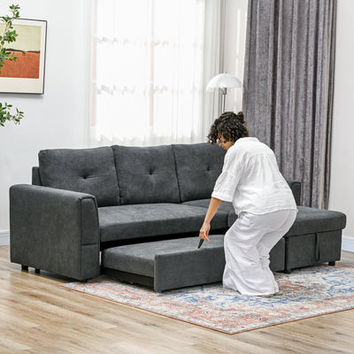 HOMCOM 3 Seater Sofa Bed, L Shaped Pull Out Sofa Bed with Storage, Convertible Click Clack Settee Sectional Sleeper Futon for Living Room, Office, Dark Grey 