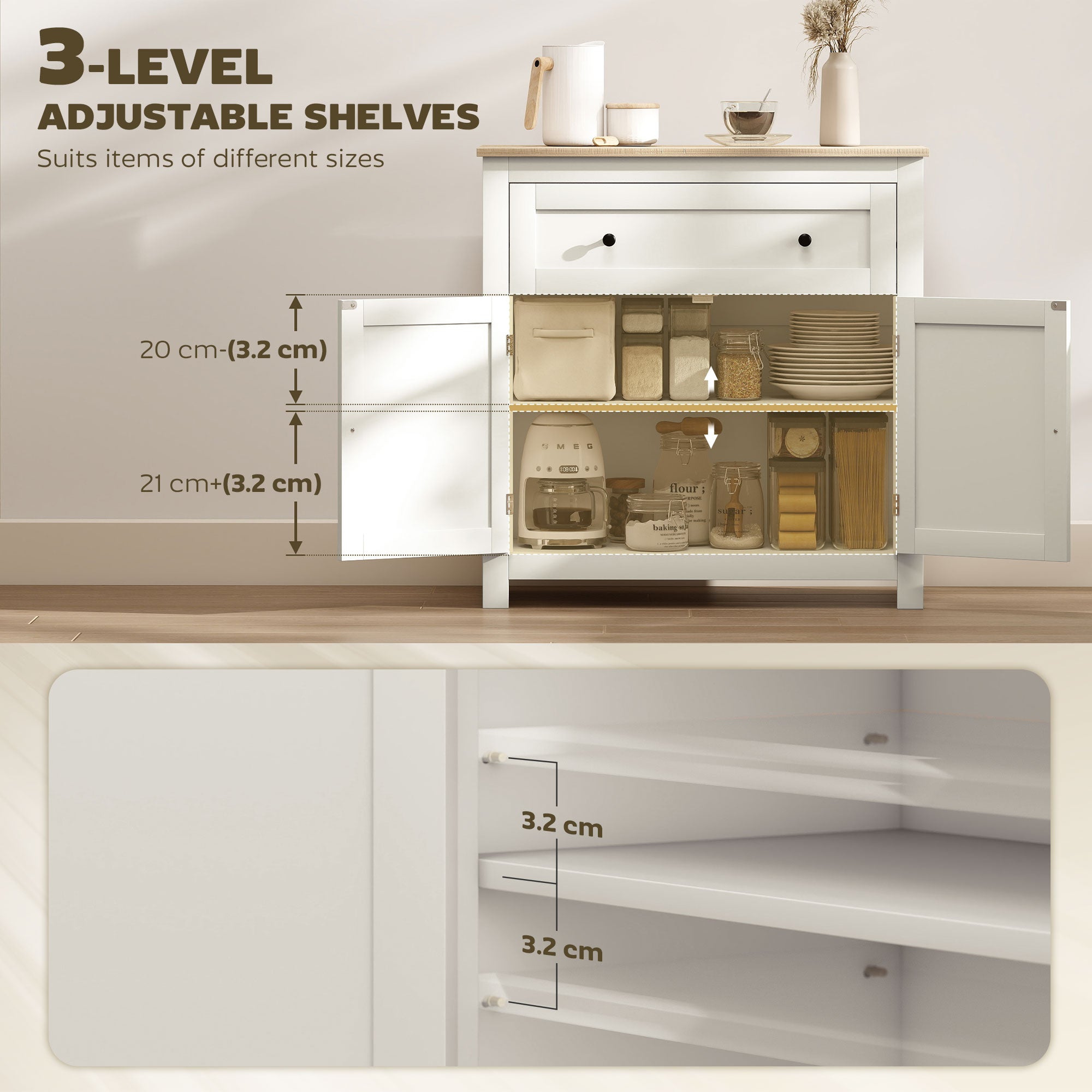 HOMCOM Sideboard Storage Cabinet, Modern Kitchen Cupboard with Adjustable Shelf, Drawer and Double Doors, Cream White 