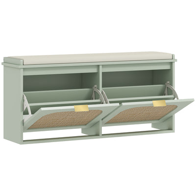 HOMCOM Boho Shoe Bench with Padded Seat and 2 Flip-Drawers - Light Green 