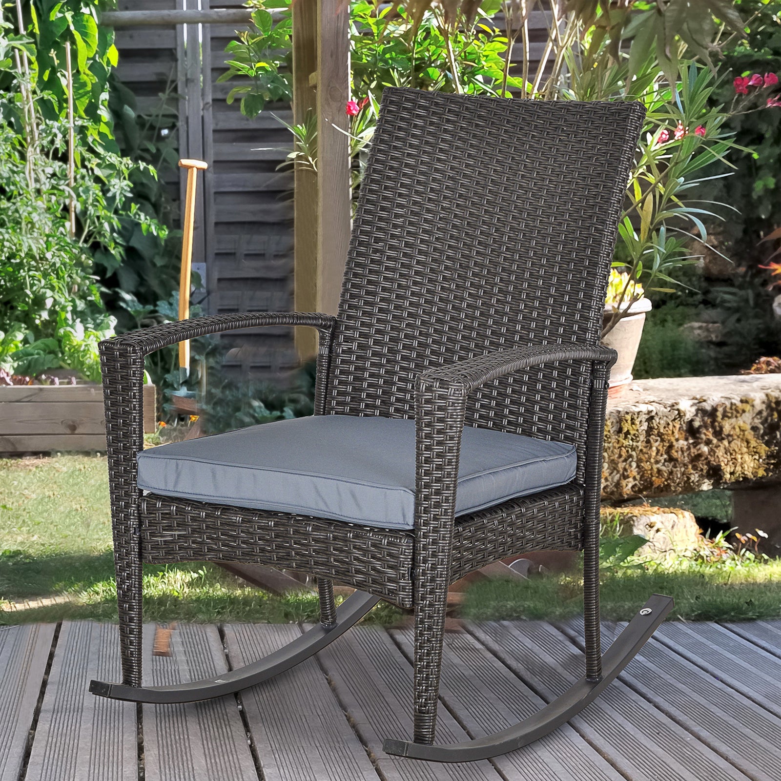 Outsunny Outdoor PE Rattan Rocking Chair, Garden Rocking Chair Set with Armrest and Cushion, Grey 