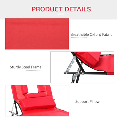 Outsunny Foldable Outdoor Sun Lounger Adjustable Backrest Reclining Chair with Pillow and Reading Hole Garden Beach, Red 