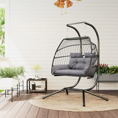 Outsunny Rattan Double Hanging Egg Chair with Stand, Foldable Wicker Swing Egg Chair with Cushion, Head Pillows, Steel Frame, Hammock Chair for Indoor Outdoor, Capacity 260 kg, Dark Grey 