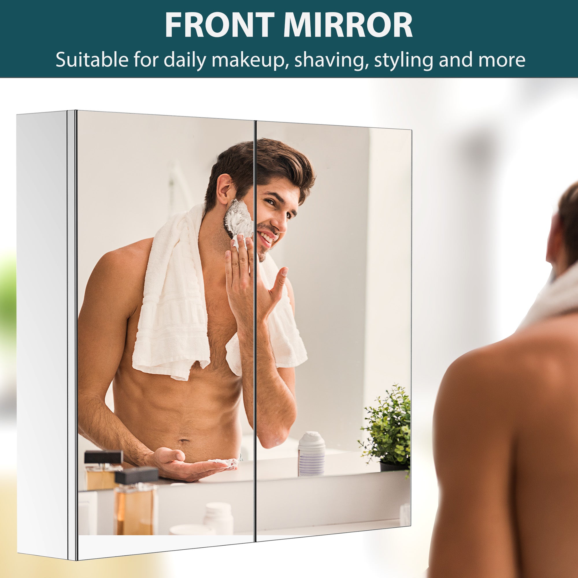 HOMCOM Bathroom Mirror Cabinet, Stainless Steel Wall Mounted  Bathroom Storage Cabinet with Double Doors, 60x55cm 