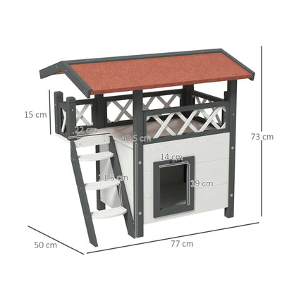 PawHut Cat House Outdoor w/ Balcony Stairs Roof, 77 x 50 x 73 cm, White 