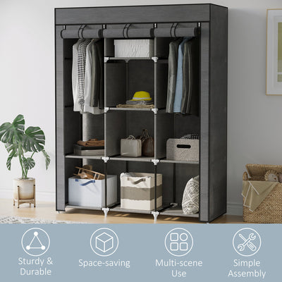 HOMCOM Fabric Wardrobe, Portable Wardrobe, Clothes Storage Unit with 8 Shelves, 2 Hanging Rods, 125 x 43 x 162.5 cm, Dark Grey 