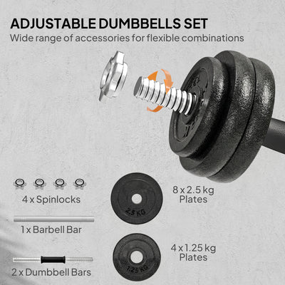 SPORTNOW 2-in-1 Adjustable Dumbbells Set, 30kg Cast Iron Weights Dumbbells Set with Non-Slip Grip for Strength Training, Weight Lifting, Bodybuilding, Home Gym Workout Equipment for Men & Women 