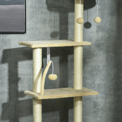 PawHut Floor to Ceiling Cat Tree for Indoor Cats, 6-Tier Play Tower Climbing Activity Center with Scratching Post, Platforms, Bed, Hammock, Adjustable Height 230-250cm, Beige 