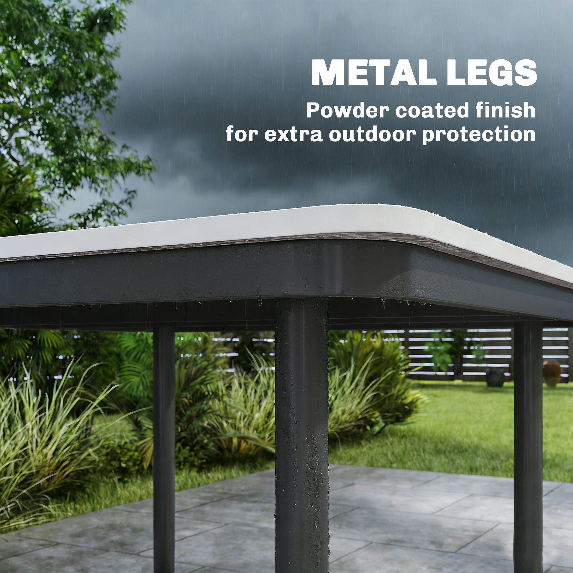 Outsunny Garden Dining Table for 4, 85 cm Square Outdoor Table with Umbrella Hole, Faux Wood Top, Metal Legs, Light Grey 
