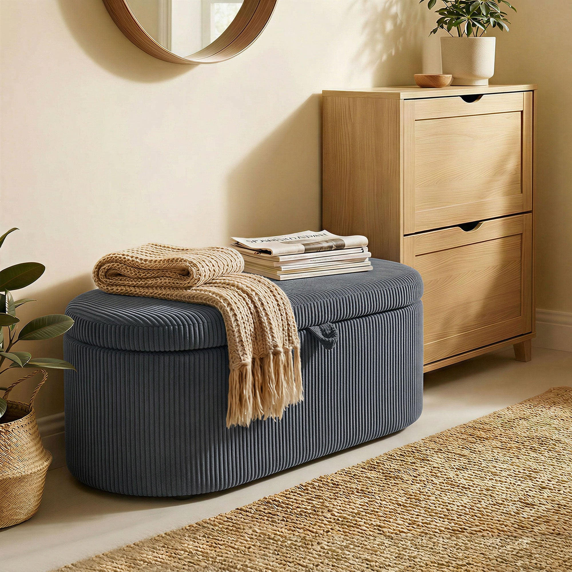 HOMCOM Storage Ottoman, Corduroy Upholstered Ottoman Storage Box with Padded Seat, 105 x 51 x 49 cm, Dark Grey 