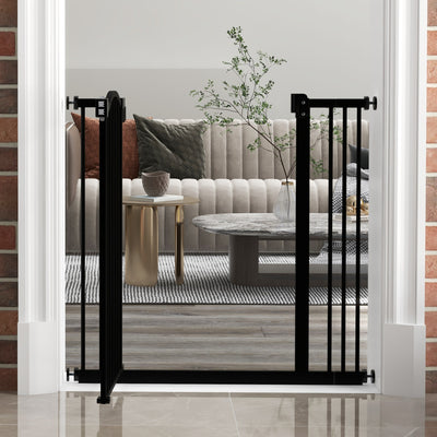 PawHut Metal 74-87cm Adjustable Pet Gate Safety Barrier w/ Auto-Close Door Black 