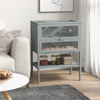PawHut Wooden Hamster Cage 3 Tier House w/ Storage Shelf, Openable Top for Gerbils, Grey 