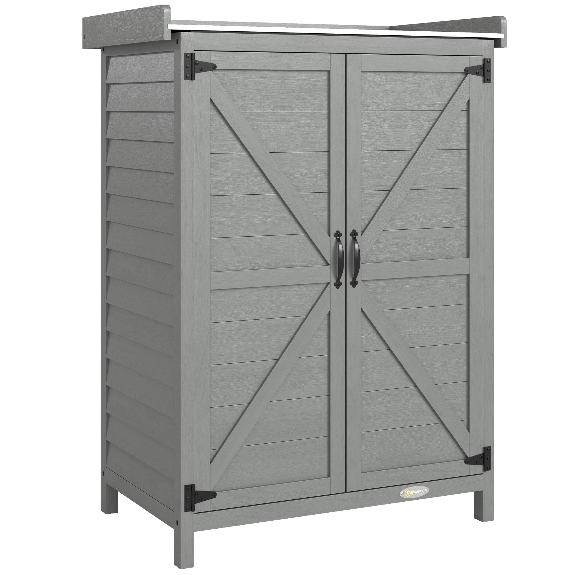Outsunny Wooden Garden Shed, Garden Tool Storage Shed with Shelf and Side Hooks, 71.5 x 39 x 95 cm, Grey 