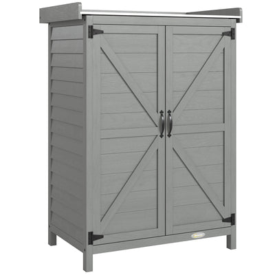 Outsunny Wooden Garden Shed, Garden Tool Storage Shed with Shelf and Side Hooks, 71.5 x 39 x 95 cm, Grey 