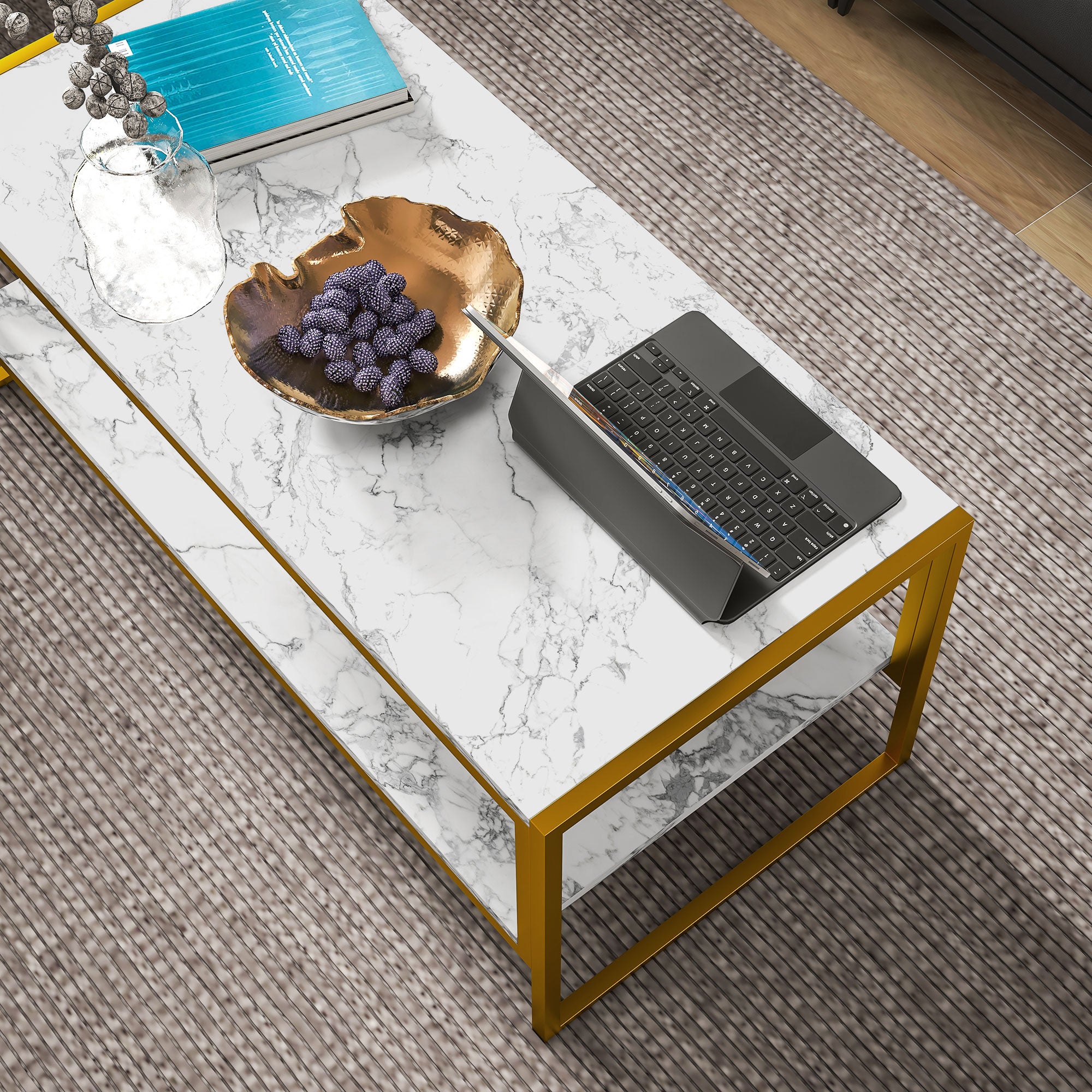 HOMCOM Coffee Table, Two-Tier Marble Centre Table with Metal Frame and Storage Shelf for Living Room, 106 x 50 x 45cm, White 
